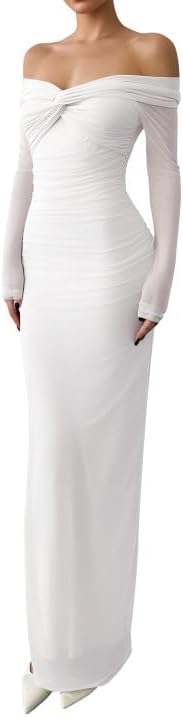 Off Shoulder Long Sleeve Bodycon Maxi Dress Mesh Twist Ruched Wedding Guest Formal Party Fall Dresses for Women