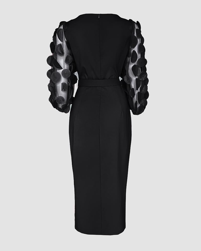 CHICME Bodycon Midi Dress for Women 2025 Mesh Puff Sleeve Slit Work Cocktail Wedding Dresses with Belt