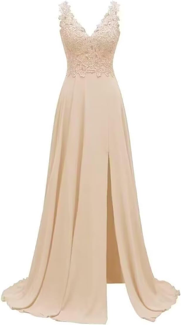 ForElise Women's Bridesmaid Dresses Long Chiffon Slit Semi Formal Dresses V-Neck Backless A-Line Evening Gowns for Wedding