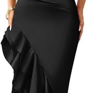 LAGSHIAN Women's Elegant One Shoulder Ruched Asymmetric Ruffle Satin Cocktail Party Maxi Dress