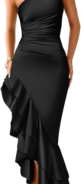 LAGSHIAN Women's Elegant One Shoulder Ruched Asymmetric Ruffle Satin Cocktail Party Maxi Dress
