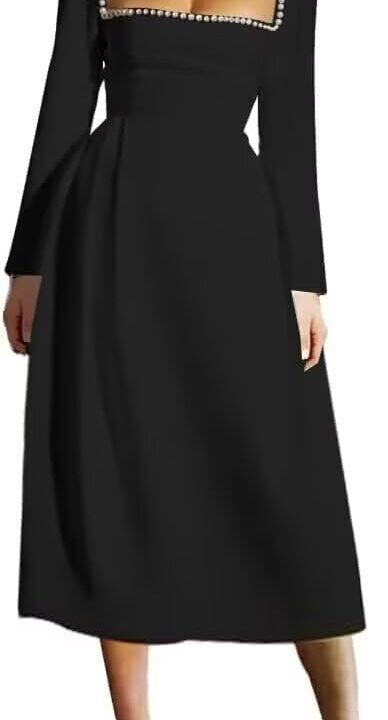 Women's Long Sleeve Wedding Dress for Bride 2025 Pearls Square Neck Satin Midi Bridal Gowns