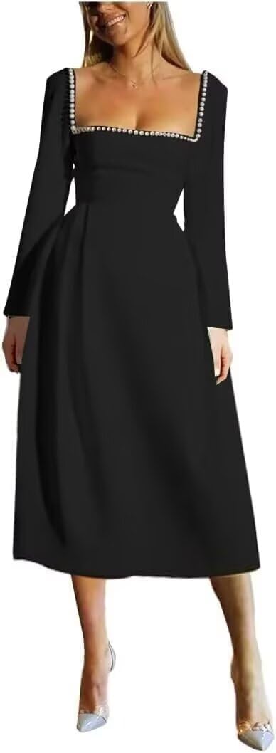 Women's Long Sleeve Wedding Dress for Bride 2025 Pearls Square Neck Satin Midi Bridal Gowns