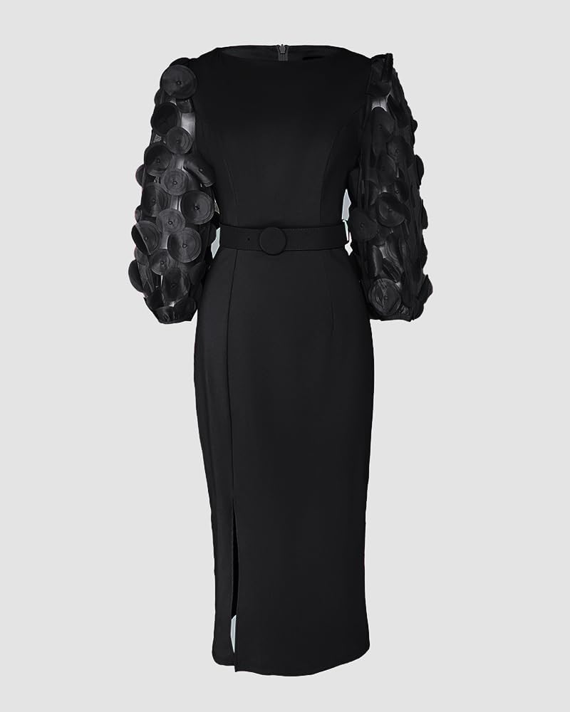 CHICME Bodycon Midi Dress for Women 2025 Mesh Puff Sleeve Slit Work Cocktail Wedding Dresses with Belt