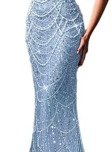 Women's Formal Evening Dress with Pearl Decoration, Strapless, Bodycon Graduation Wedding Bridesmaid Dress Skirt.