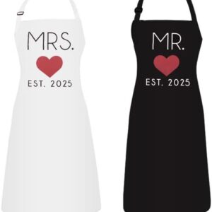 GSM Brands Mr. and Mrs. Couples Kitchen Aprons (2-Piece Set) Cute Cooking Bibs for Newlyweds