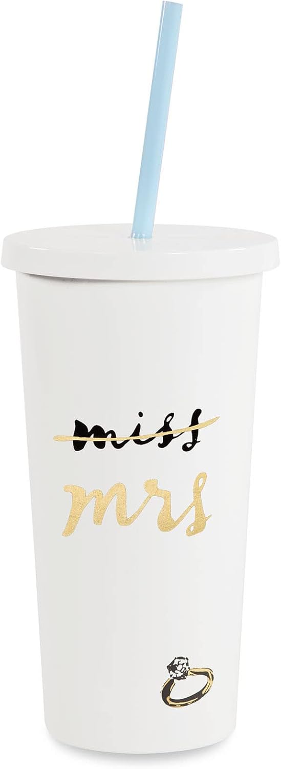 Kate Spade New York Acrylic Bridal Tumbler with Lid and Straw, 20 oz Tumbler for Bride to Be, Slim Double Wall Tumbler, Miss to Mrs. (White)
