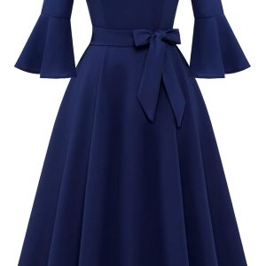 HomRain Women's Church Dresses for 2025 Wedding Guest Cocktail Tea Party Bell Sleeve Vintage Evening Graduation Dress