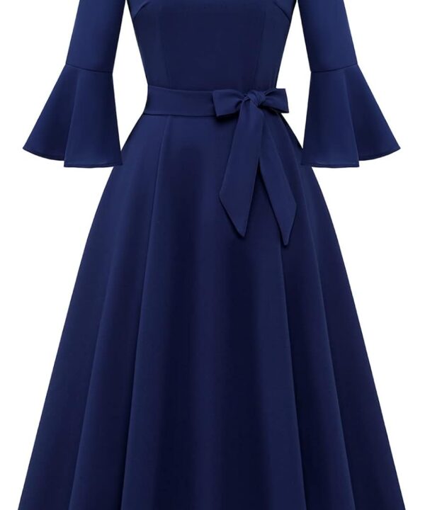 HomRain Women's Church Dresses for 2025 Wedding Guest Cocktail Tea Party Bell Sleeve Vintage Evening Graduation Dress