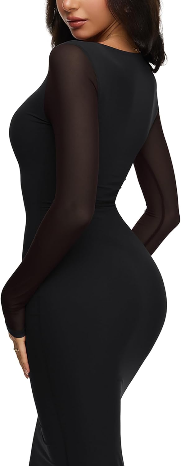 REORIA Womens Spring Mesh Sheer Long Sleeve Wedding Guest Dress Sexy Floral Bodycon Maxi Long Dresses