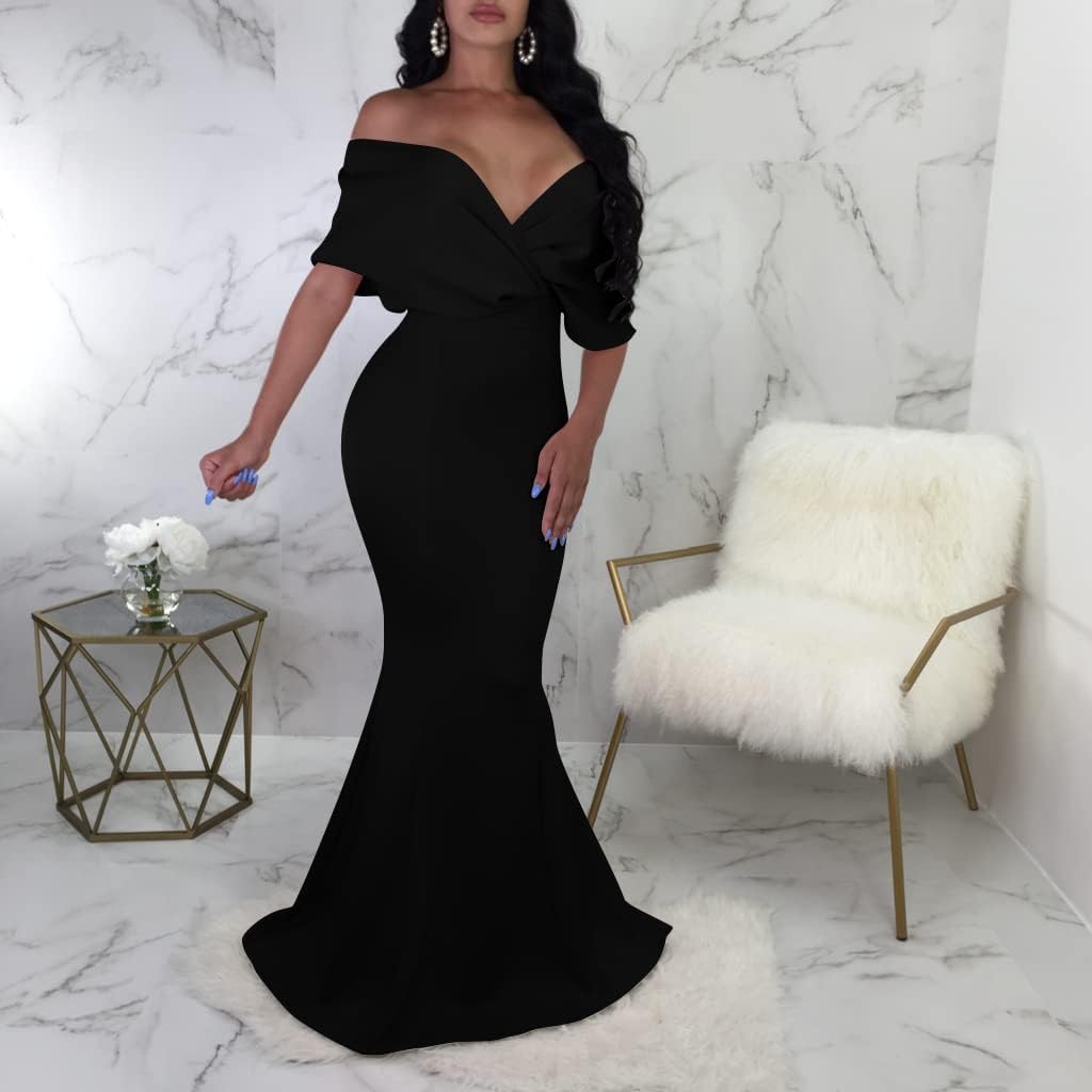 GOBLES Women Sexy V Neck Off The Shoulder Evening Gown Fishtail Maxi Dress