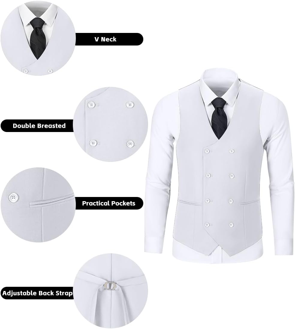 Mens 3 Piece Slim Fit Suit Set, Double Breasted Blazer Vest Pants Business Tuxedo Dress