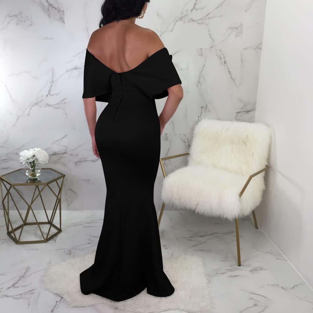 GOBLES Women Sexy V Neck Off The Shoulder Evening Gown Fishtail Maxi Dress