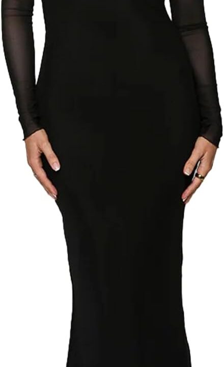 BORIFLORS Women's Elegant Off The Shoulder Bodycon Long Sleeve Maxi Dress Mesh Cocktail Party Wedding Guest Formal Dresses