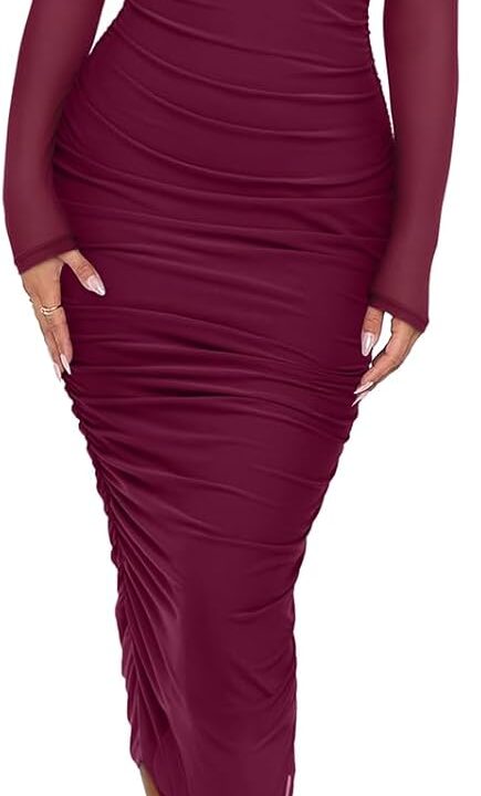 REORIA Women's Fall Mesh Long Sleeve Midi Ruched Bodycon Dress Mock Neck Elegant Club Evening Party Cocktail Dresses