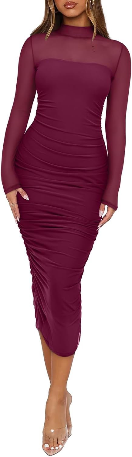 REORIA Womens Fall Mesh Long Sleeve Midi Ruched Bodycon Dress Mock Neck Elegant Club Evening Party Cocktail Dresses