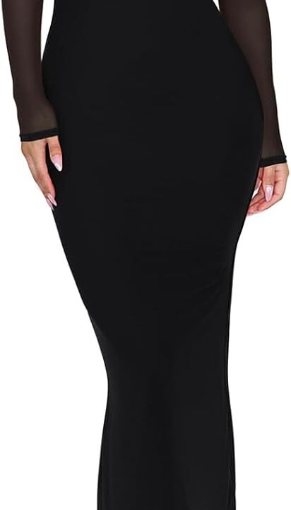 REORIA Women's Spring Mesh Sheer Long Sleeve Wedding Guest Dress Sexy Floral Bodycon Maxi Long Dresses