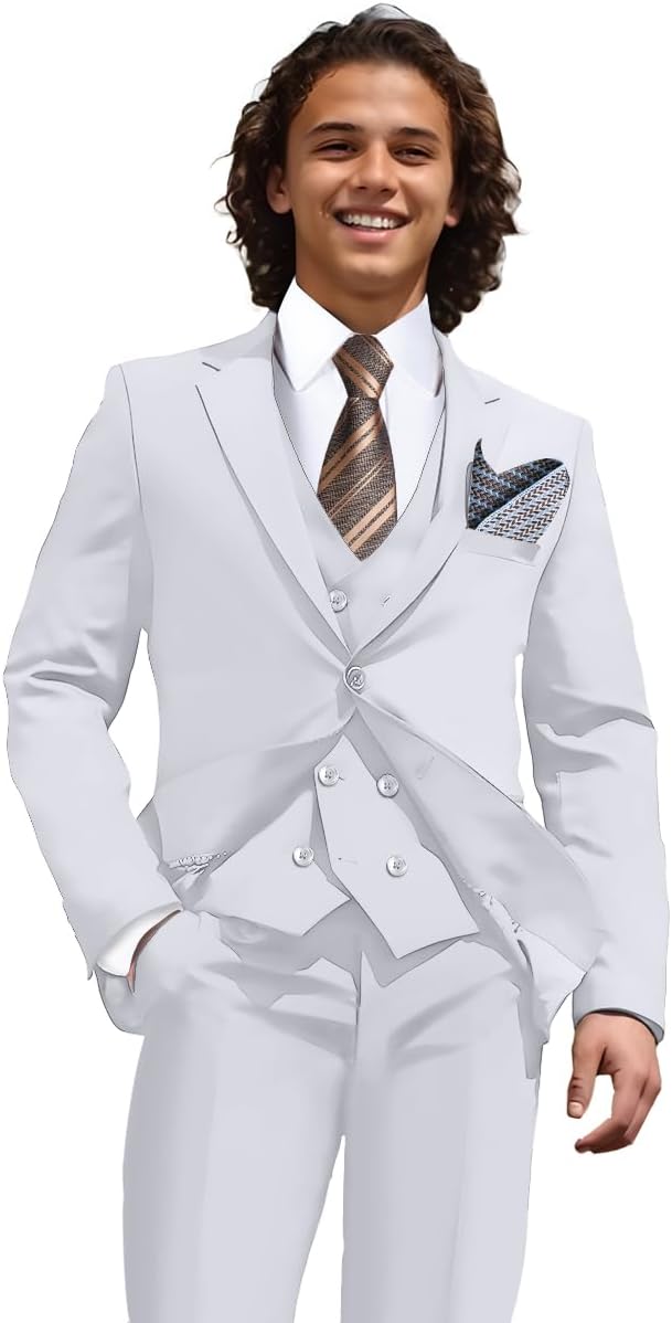 Mens 3 Piece Slim Fit Suit Set, Double Breasted Blazer Vest Pants Business Tuxedo Dress