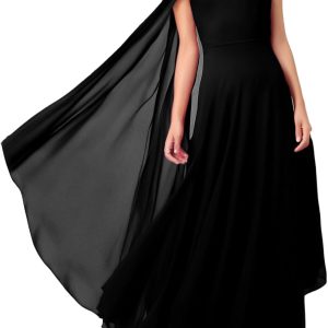 Lrady Women's Elegant Evening Gowns Crewneck One Shoulder Flowy Aline Wedding Guest Party Formal Maxi Dresses with Cape