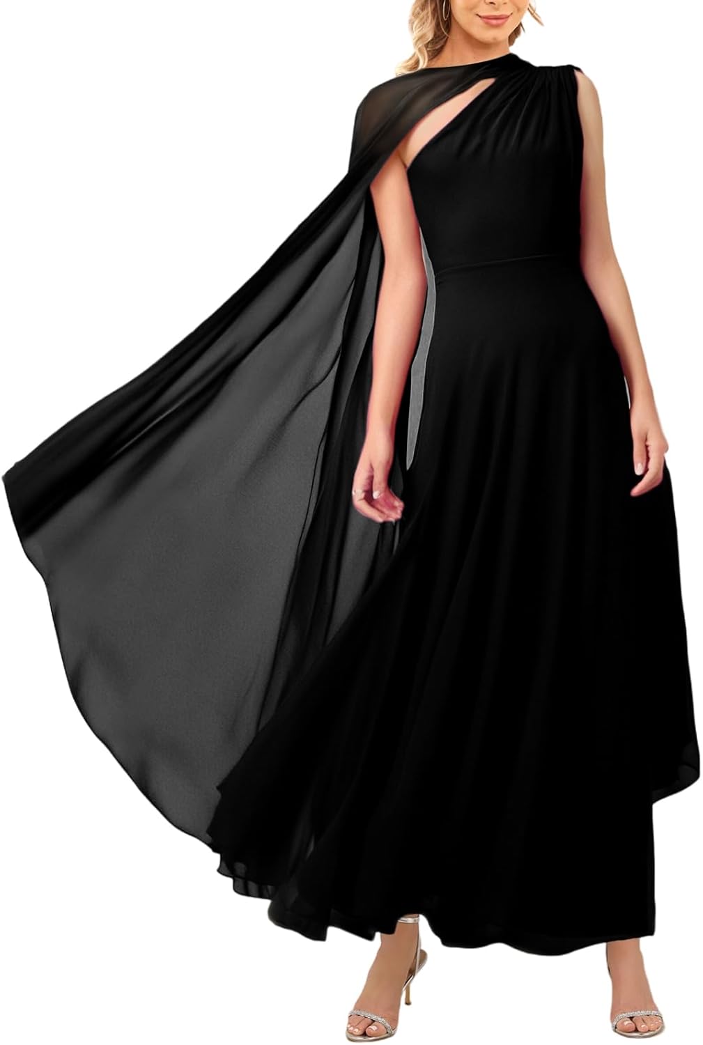 Lrady Women's Elegant Evening Gowns Crewneck One Shoulder Flowy Aline Wedding Guest Party Formal Maxi Dresses with Cape