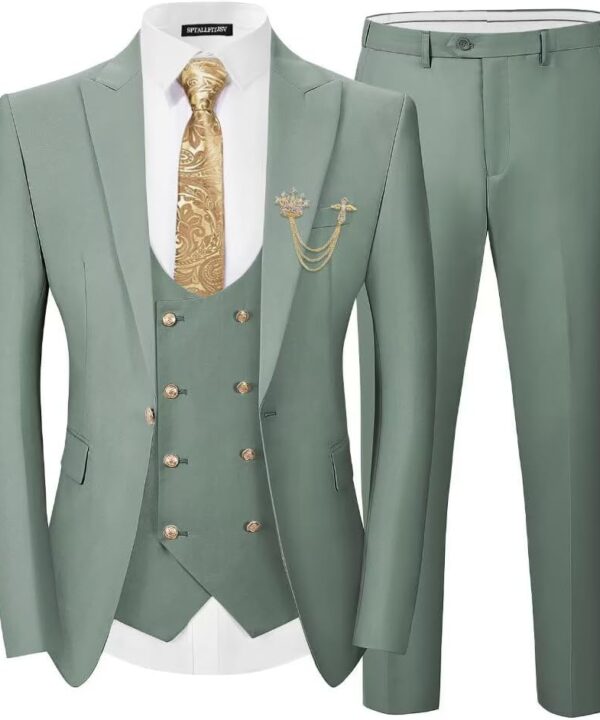 Men's 3 Piece Suits Slim Fit, Blazer Double Breasted Vest and Pants, Wedding Prom Business Suit with Gold Button