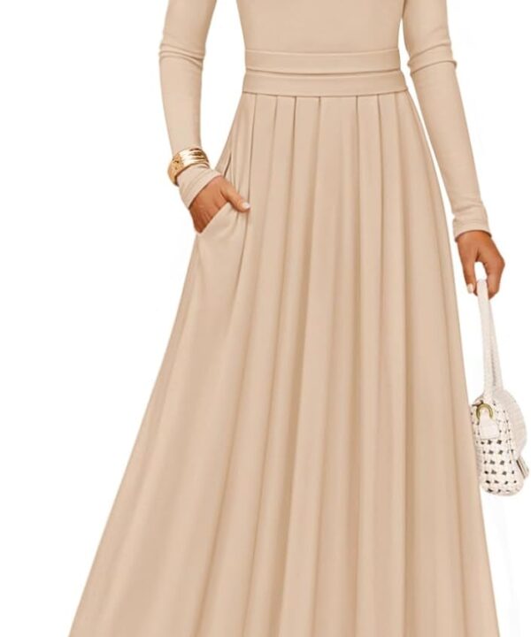 ZESICA Women's Elegant Long Sleeve Maxi Dress 2025 Fall Crewneck Knit High Wasit Pleated Flowy A Line Casual Party Dresses