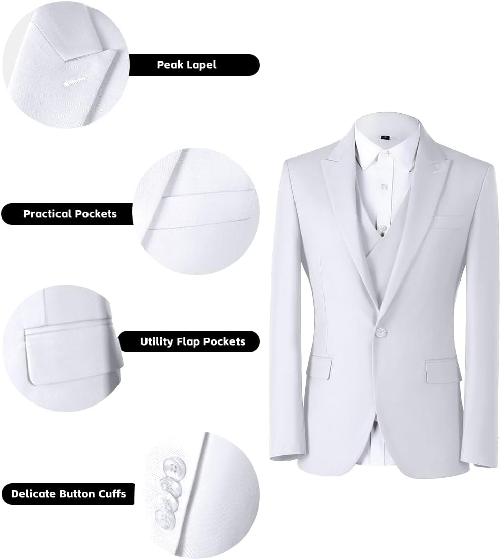 Mens 3 Piece Slim Fit Suit Set, Double Breasted Blazer Vest Pants Business Tuxedo Dress