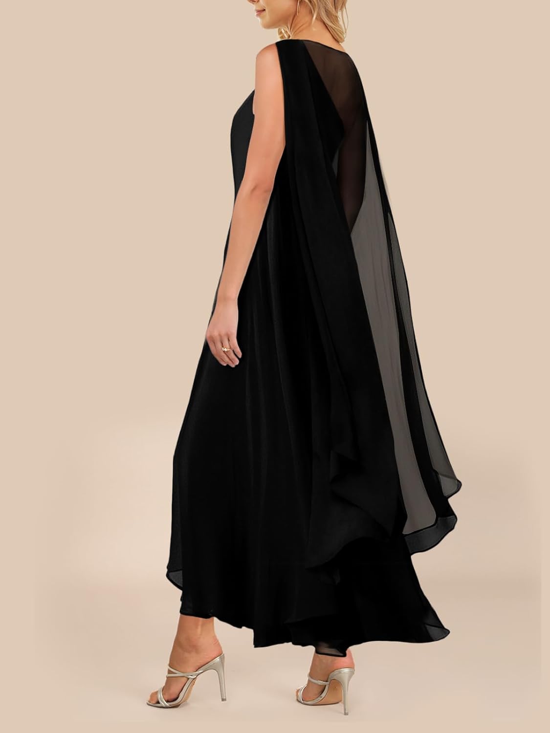 Lrady Womens Elegant Evening Gowns Crewneck One Shoulder Flowy Aline Wedding Guest Party Formal Maxi Dresses with Cape
