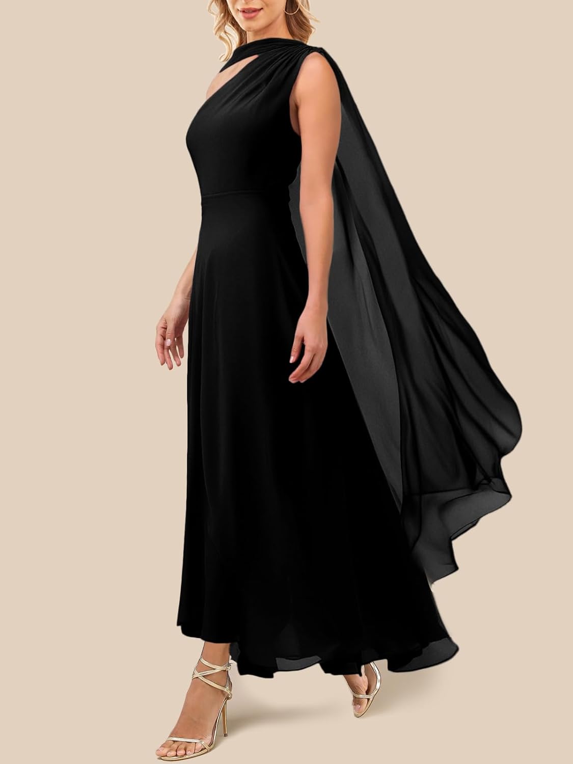 Lrady Womens Elegant Evening Gowns Crewneck One Shoulder Flowy Aline Wedding Guest Party Formal Maxi Dresses with Cape