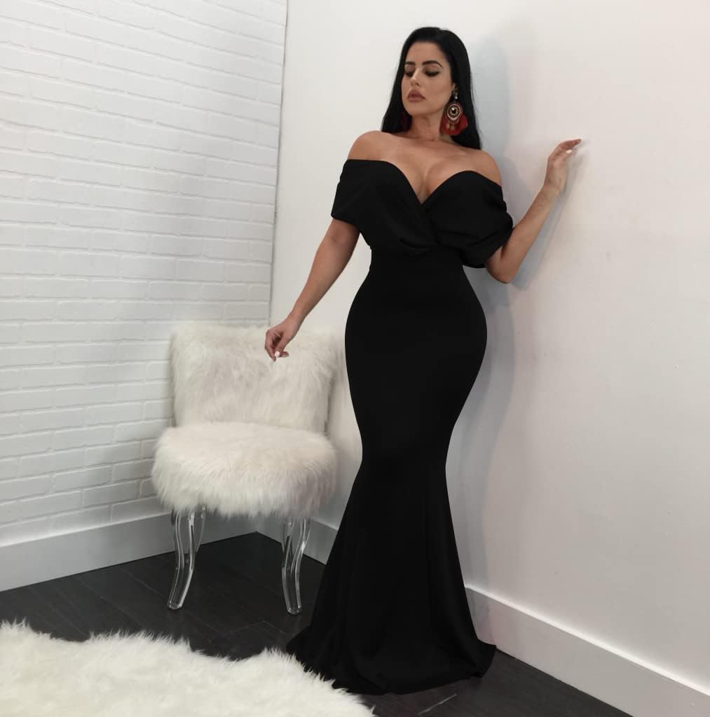 GOBLES Women Sexy V Neck Off The Shoulder Evening Gown Fishtail Maxi Dress