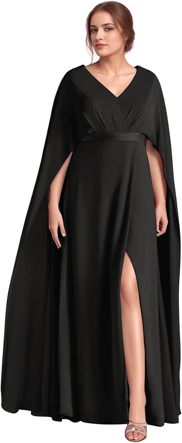 2025 Elegant Cape Sleeve Mother of The Bride Dresses A-Line Long Chiffon V-Neck Wedding Guest Gowns with Slit