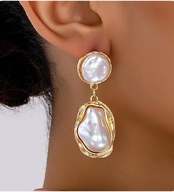 Gold Pearl Statement Earrings for Women,Vintage Large Baroque Pearl Dangle Drop Earrings,Trendy Formal Prom Party Bride Earrings for Wedding