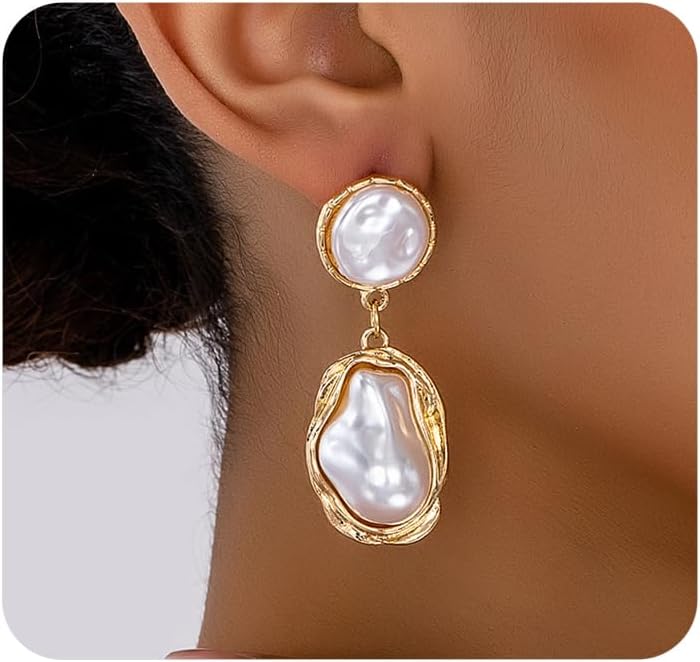 Gold Pearl Statement Earrings for Women,Vintage Large Baroque Pearl Dangle Drop Earrings,Trendy Formal Prom Party Bride Earrings for Wedding