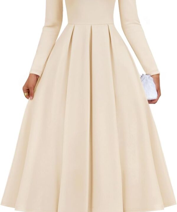 ZESICA Women's Long Sleeve Midi Dresses 2026 Fall Elegant Crewneck Swing A Line Wedding Guest Party Dress with Pockets