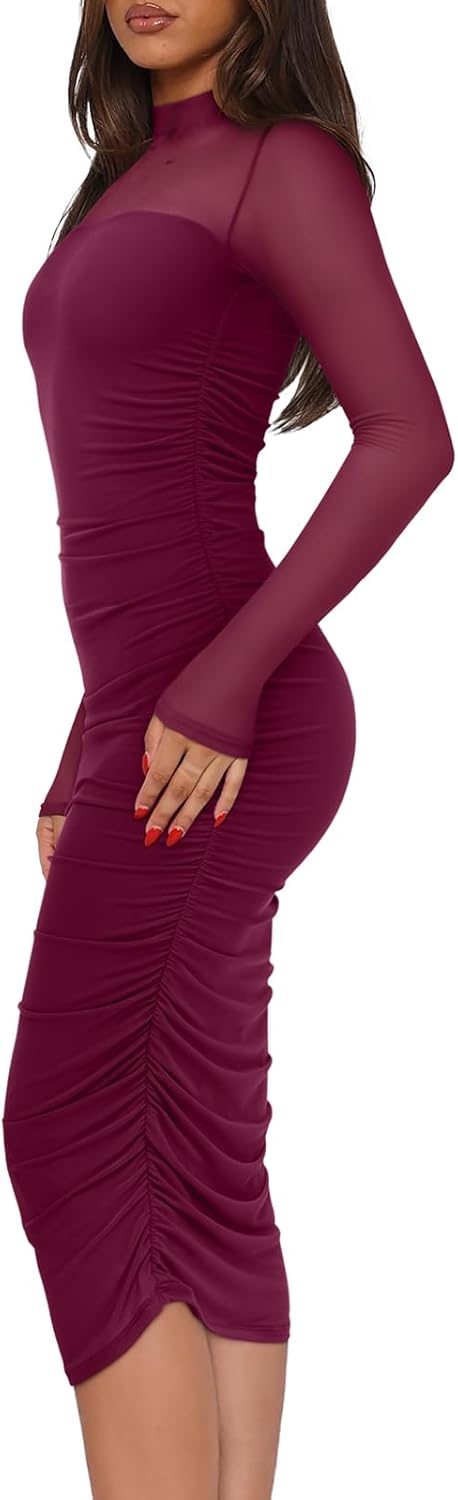 REORIA Womens Fall Mesh Long Sleeve Midi Ruched Bodycon Dress Mock Neck Elegant Club Evening Party Cocktail Dresses