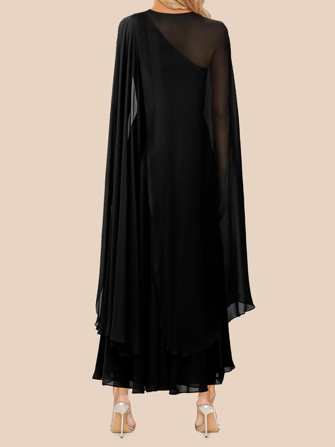 Lrady Womens Elegant Evening Gowns Crewneck One Shoulder Flowy Aline Wedding Guest Party Formal Maxi Dresses with Cape