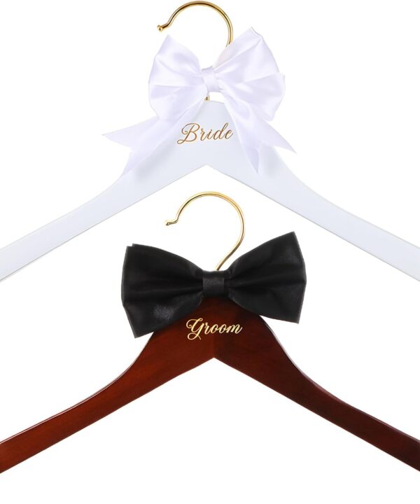 2 Pcs Bride Hanger Bride and Groom Wooden Wedding Dress Hanger Set with Bow Tie for Tuxedo Suit Wedding Gift Bridal Party Shower