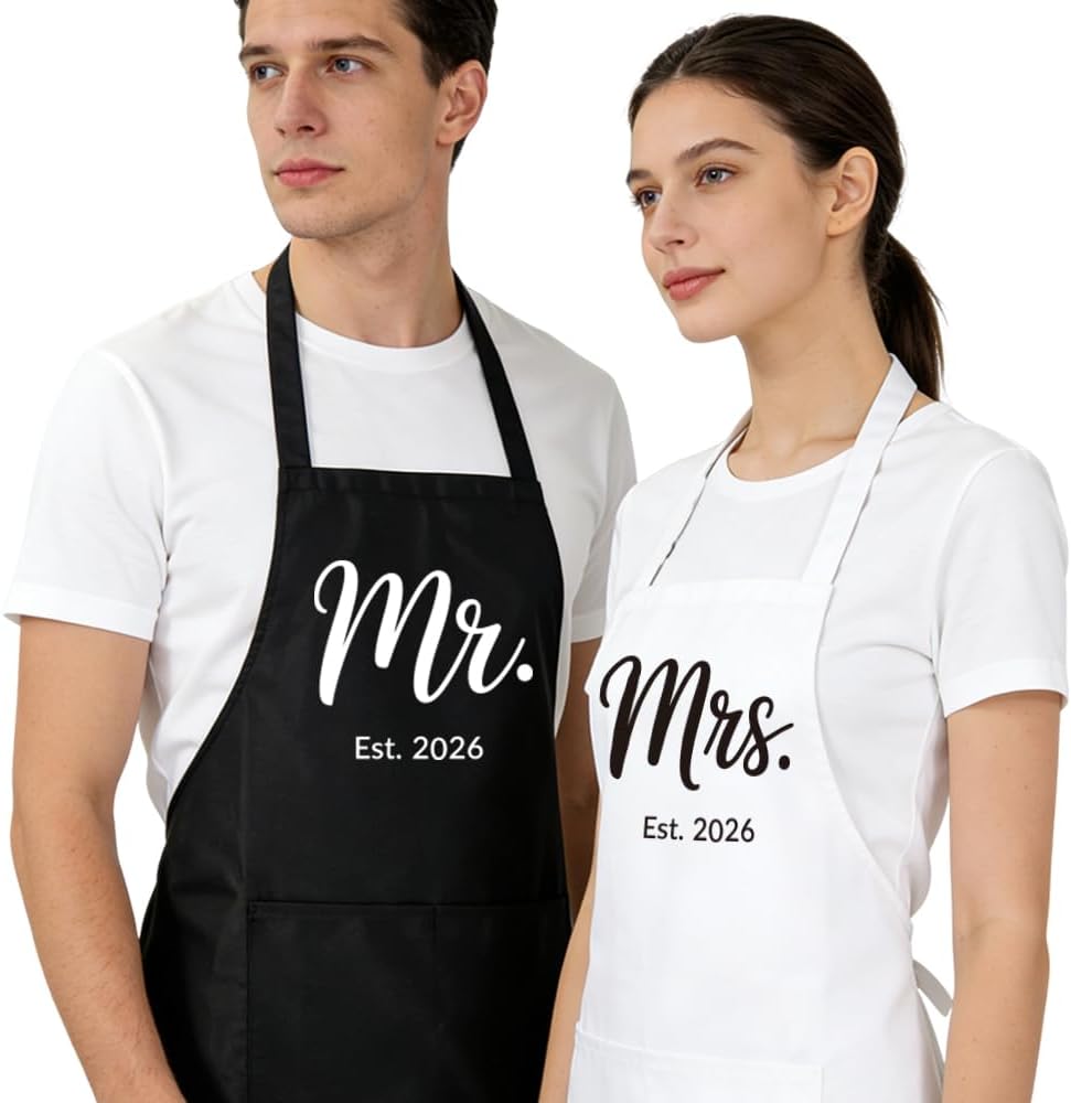 Mr Mrs Est 2026 Aprons for Couples Gifts,Funny Kitchen Gifts for Couples,Wedding, Engagement gifts for Couples, Christmas Gifts for Couple, Husband, Wife, Boyfriend, Girlfriend, Him Her-12
