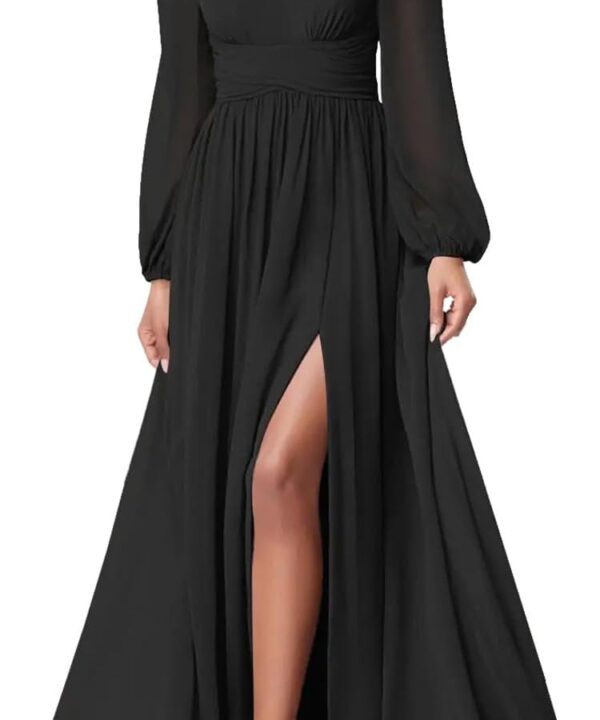 firfig Women Mesh Deep V Neck Open Back Sheer Long Sleeve Slit Leg Bridesmaid Maxi Dress Cocktail Party Wedding Guest Dresses