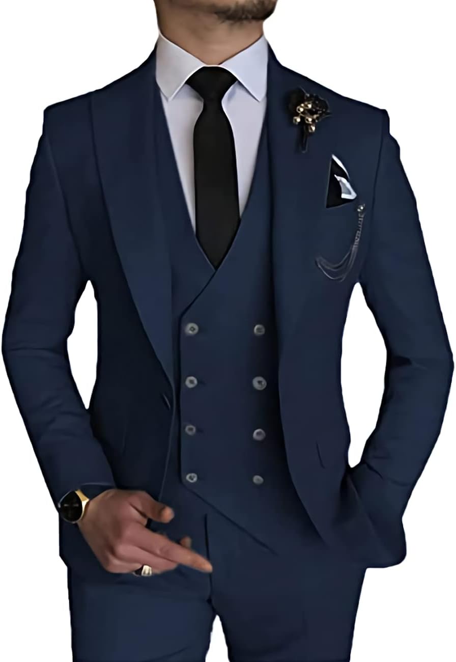 Wangyue 3 Piece Suit Slim Fit Double Breasted Mens Suits for Wedding Party Formal Prom One Button Blazer Vest Pants Sets