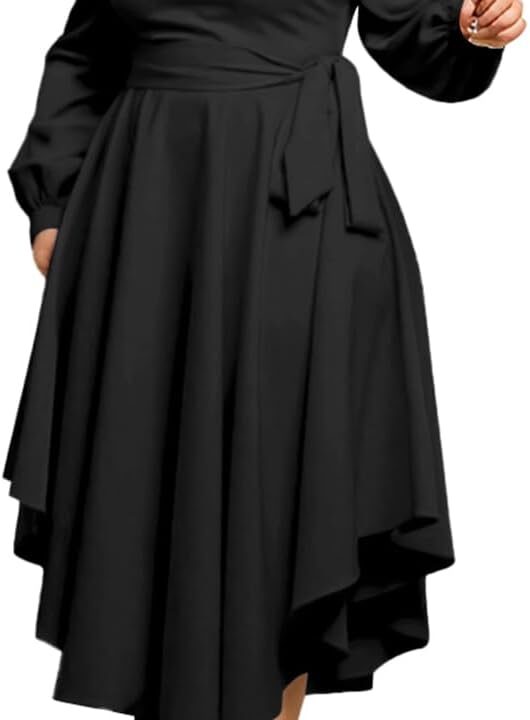 Plus Size Formal Dresses for Women Off Shoulder Long Sleeve Boat Neck Irregularly Flowy Midi Church Dress