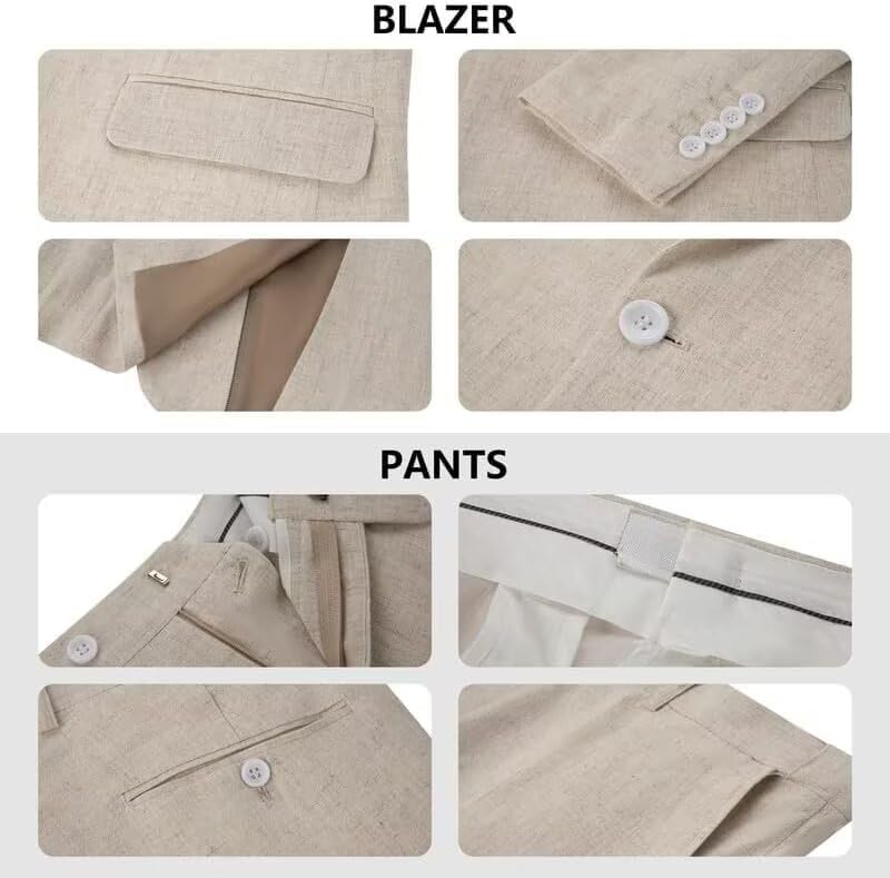 Bofan 2 Piece Linen Suits for Men Slim Fit Casual Beach Wedding Summer Grooms Groomsmen Linen Blazer Pants Suit