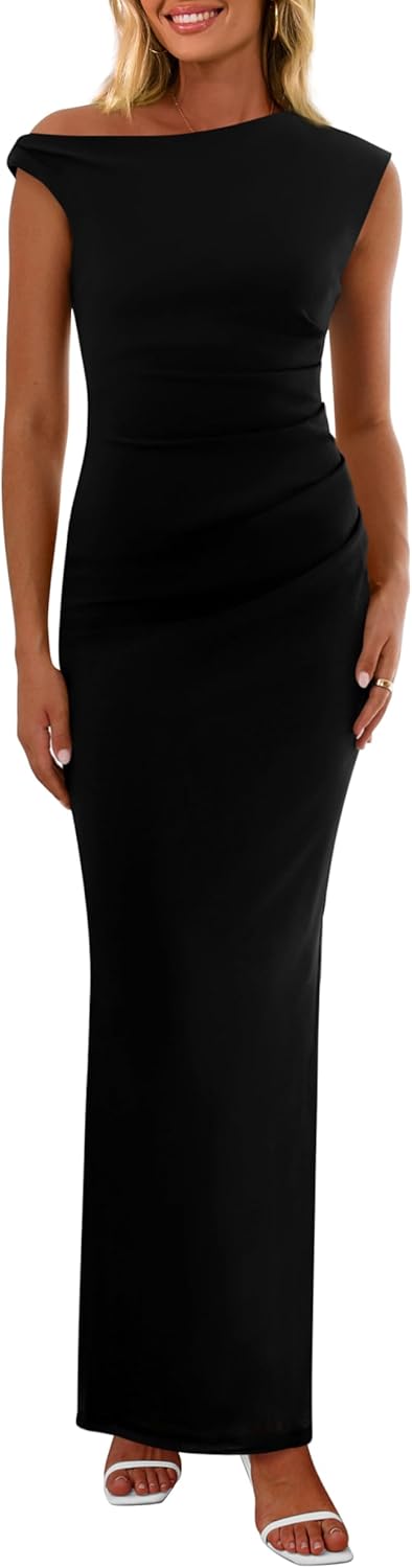 PRETTYGARDEN Women's 2026 Summer Formal Maxi Dresses Sleeveless One Shoulder Bodycon Ruched Mesh Wedding Guest Cocktail Dress