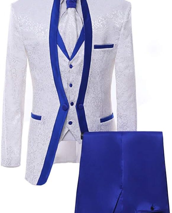 Paisley Slim Fit White Premium Floral Tuxedo Prom Wedding Groom 3 Pieces Suits