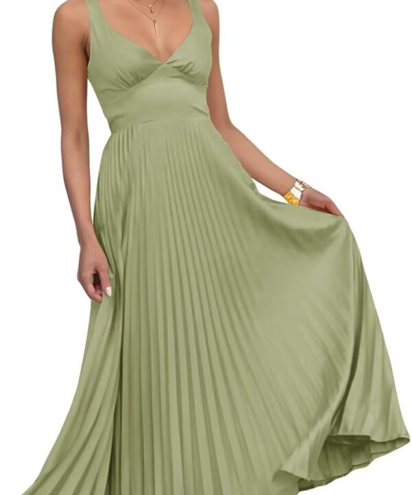 V Neck Tea Length Satin Bridesmaid Dresses for Wedding Pleated A Line Midi Wedding Guest Dress