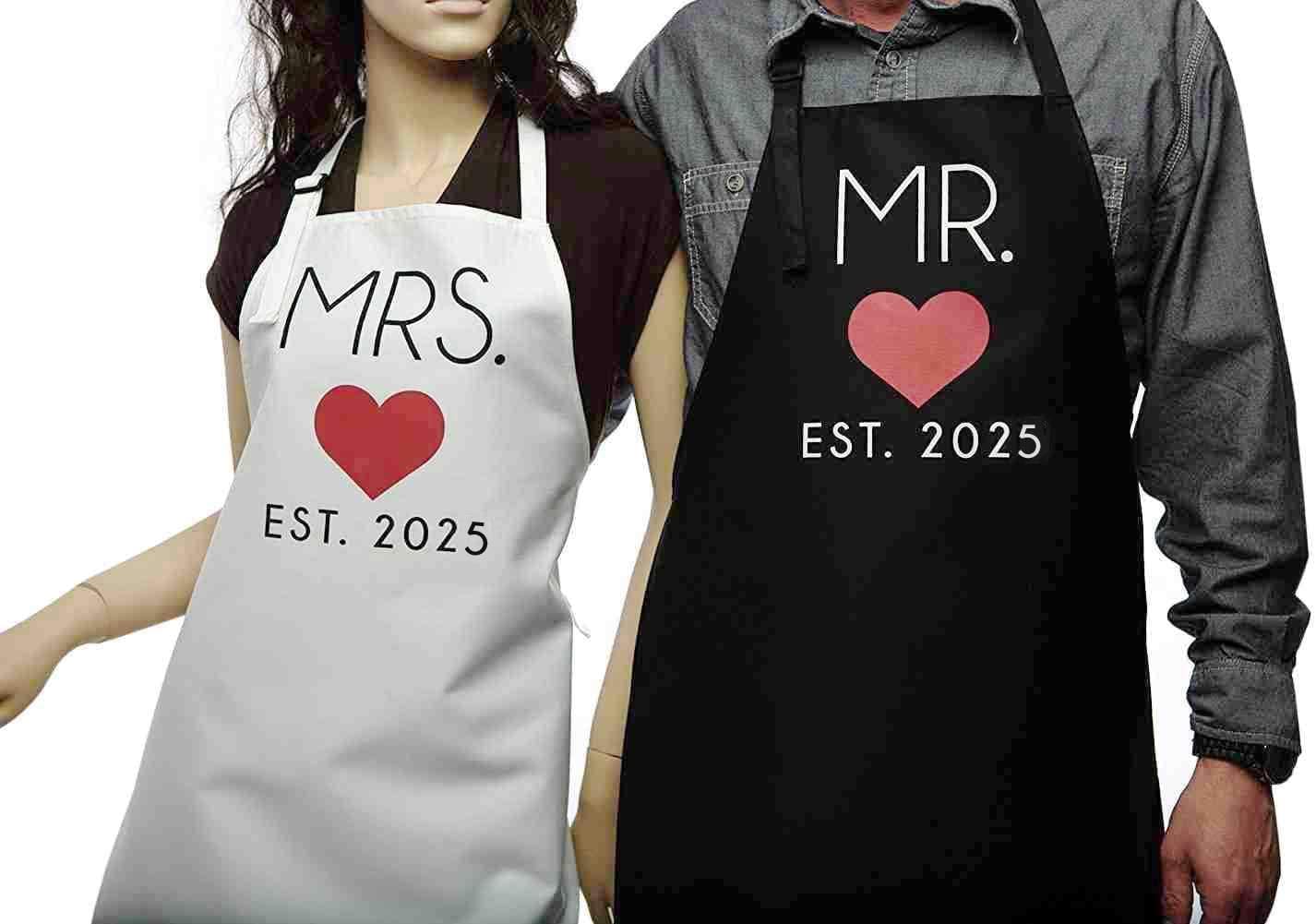 GSM Brands Mr. and Mrs. Couples Kitchen Aprons (2-Piece Set) Cute Cooking Bibs for Newlyweds