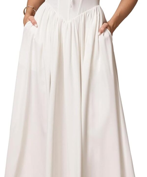 GLNEGE Women's Summer Corset Midi Milkmaid Dress Casual V Neck Flowy A Line Sundress Wedding Guest Dresses with Pockets 2025