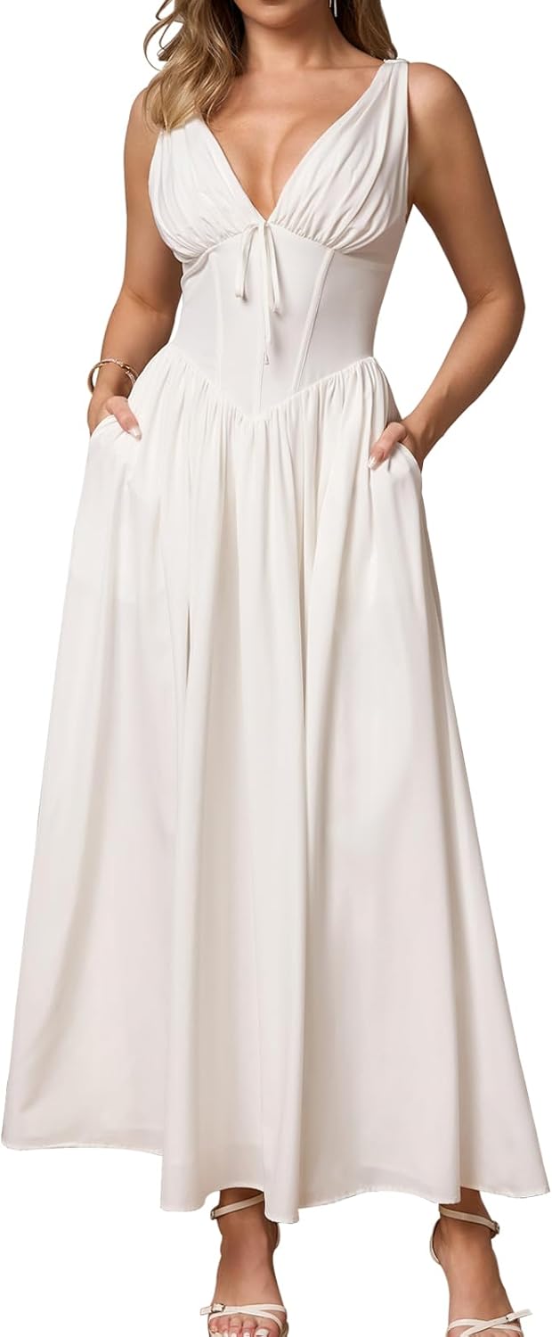 GLNEGE Women's Summer Corset Midi Milkmaid Dress Casual V Neck Flowy A Line Sundress Wedding Guest Dresses with Pockets 2025