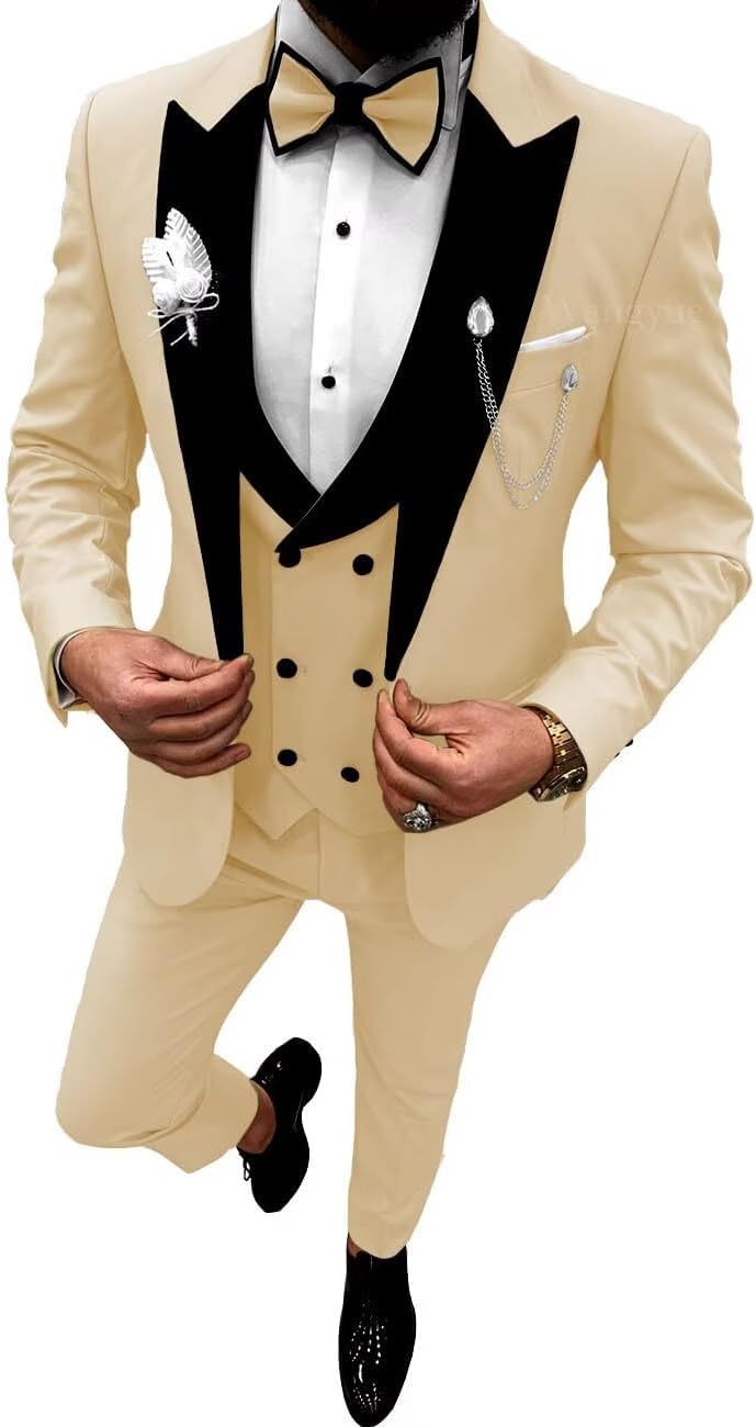 Wangyue Double Breasted Mens Tuxedo Suit Set 3 Piece Wedding Tuxedos for Men Slim Fit Prom Suits Groom Tux with Bow Tie
