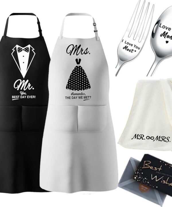 Wedding Gifts Engagement Gifts for Couples Mr and Mrs Aprons for Couples Gifts, Bridal Shower Gift Anniversary Christmas Gifts for Couple Mr and Mrs Gifts, 6 Pack Apron Gift Set